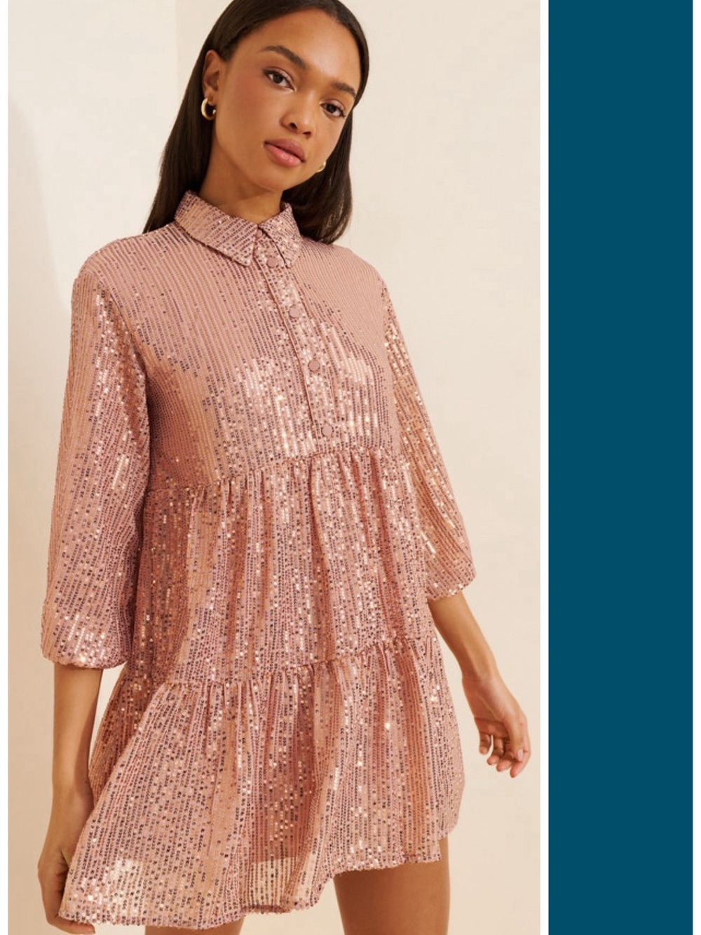 NWT Anthropologie Maeve Bettina Sequin Tiered Mini Shirt Dress in Rose Gold S